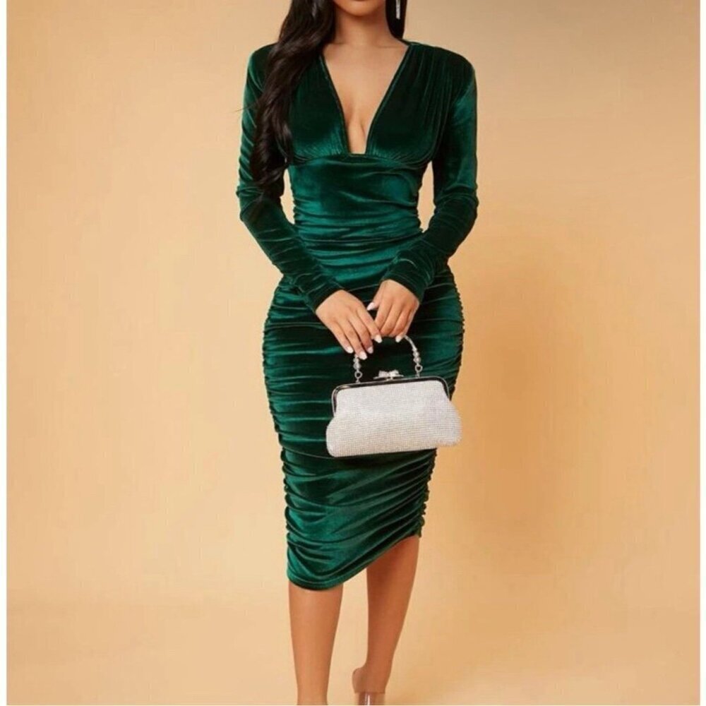 Dark Green Velvet Party Dress Women XL Deep V Neck Long Sleeve Christmas Cocktai - Picture 9 of 9